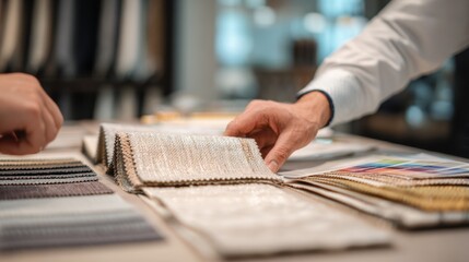 Professional consultant discussing window treatment options with a homeowner during an inhome visit main focus on consultants hand pointing to fabric samples.
