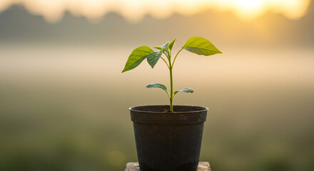 Young plant in a pot growing in the morning light on a wooden surface
