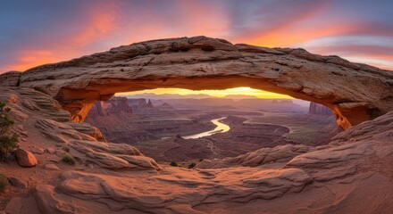 Rock arch frames a river valley landscape with a colorful sunset sky.