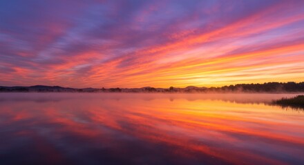 Colorful sunset sky reflected in calm water with trees in the distance.