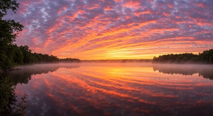 Lake reflects colorful sunrise sky with trees along the shoreline.