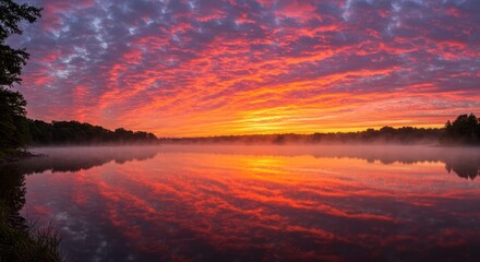 Colorful sunrise or sunset sky reflected on water with trees on the shoreline.