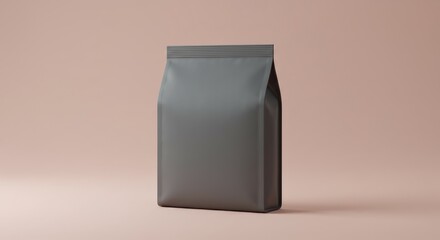 Gray paper bag stands upright against a light pink background in studio lighting.