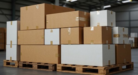 Stack of cardboard boxes on a wooden pallet inside a warehouse.
