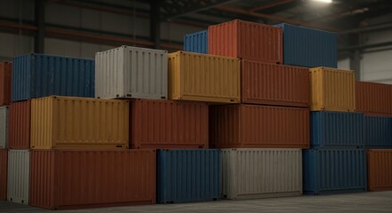 Stacked shipping containers in a warehouse or storage facility with concrete floor.