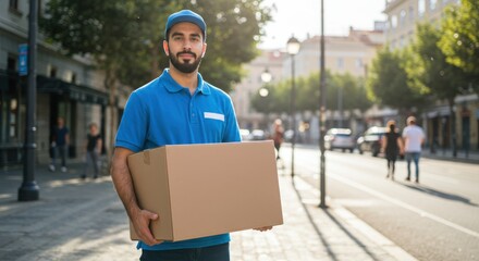Delivery man in blue uniform holds cardboard box outdoors on city street.