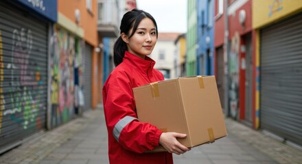 Woman in red uniform holds cardboard box in urban setting with colorful buildings.