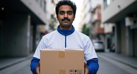 Man holds cardboard box in alleyway wearing white shirt and blue collar.