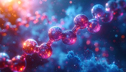 Vivid visualization of a molecular structure in vibrant hues of red and blue, with particles of light floating around