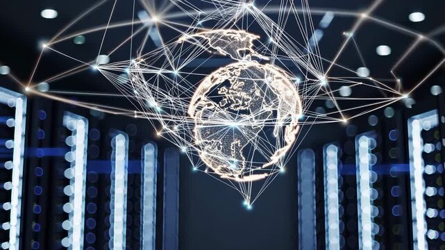 The digital globe is surrounded by network lines in the globe as data servers form the backdrop for the globe. The network and globe symbolize technology in action. - Powered by Adobe