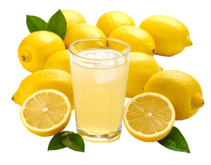 A refreshing glass of lemonade surrounded by fresh lemons and green leaves on a bright background.
