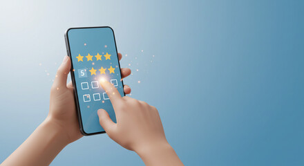 Customer satisfaction concept, hand using smartphone to give five star rating