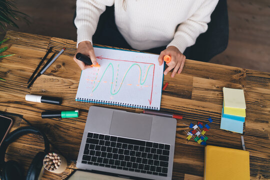 Overhead view of businesswoman sketching financial graph on notebook near laptop, illustrating planning, analysis and tech-assisted strategy in modern project development.