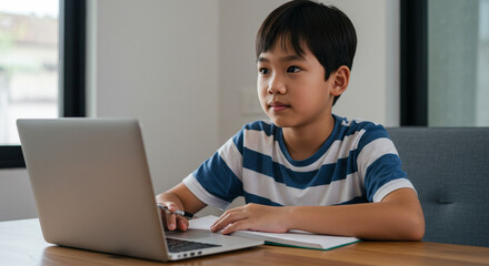 Asian boy using laptop computer for online learning at home during quarantine
