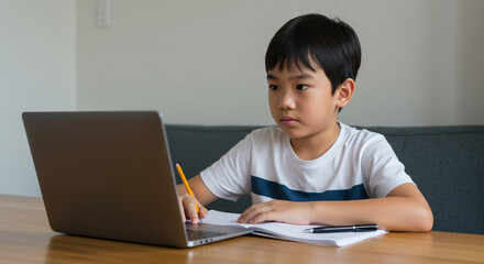 Concentrated asian boy studying online with laptop and writing in notebook