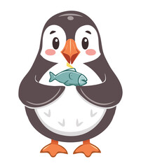 Cute Penguin Bird Character Holding a Fish in Its Beak, Proud of Its Catch