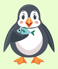 Cute cartoon penguin character with a small fish in its hand, looking cheerful and happy