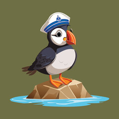 dorable cartoon puffin bird character standing on a rock, wearing a sailor hat 