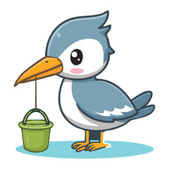 Adorable Heron Bird Character with a Big Smile, Holding a Sand Bucket and a Shovel