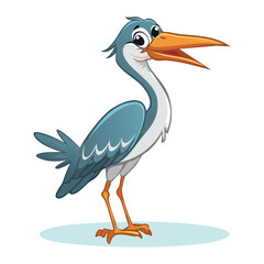 Curious and Friendly Heron Bird Character with Its Beak Open, Ready to Catch a Fish