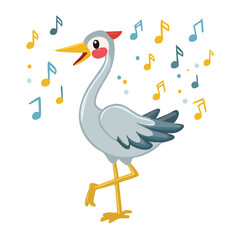 Cheerful Stork Bird Singing with Musical Notes Floating in the Air and a Big Smile