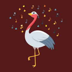 Happy Stork Character with Music Notes Floating Around It, Spreading Joy and a Melodic Vibe