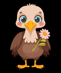A sweet cartoon vulture with big, expressive eyes, holding a small flower, showing a gentle and loving character