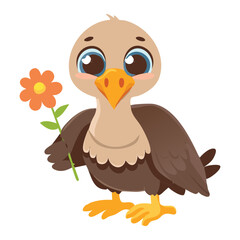 A cute baby vulture character with a flower, looking up with big, innocent eyes, a symbol of new life and hope