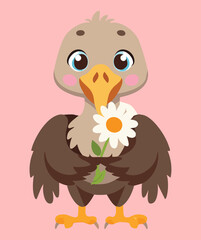 A charming vulture character holding a daisy in its beak, with a shy expression, symbolizing tenderness and simple beauty