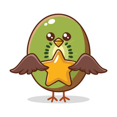 A kiwi bird with a star symbol on its wing, holding a leaf, a playful illustration of a magical creature with a hint of nature