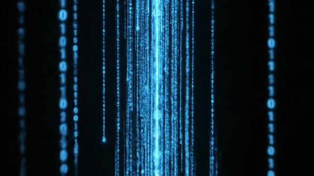 A stream of shimmering blue binary code falls like ethereal rain in a dark digital forest with 3D