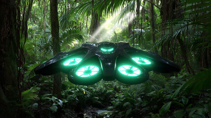 A futuristic flying vehicle with glowing green lights hovers in a dense, sunlit jungle.