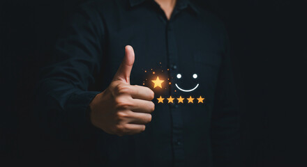 Customer satisfaction concept, businessman showing a thumb up with five star rating