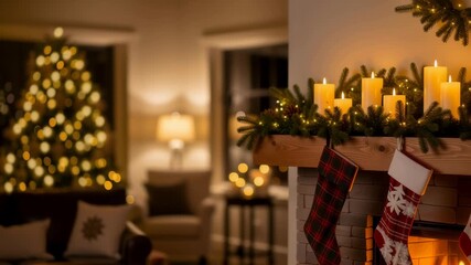 Christmas fireplace with stockings and candles in a festive decorated living room during holiday season footage - Powered by Adobe