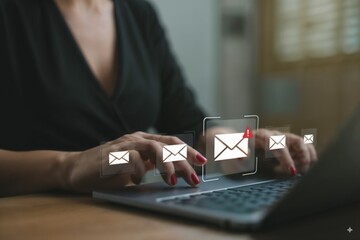 Businesswoman typing on laptop with floating email icons, digital communication and online messaging concept, modern technology for business correspondence and email marketing strategy.
