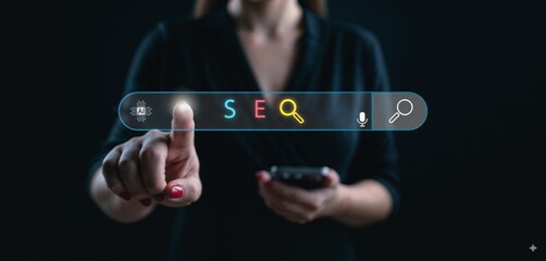 Businesswoman touching virtual search bar with SEO icons, digital marketing and artificial intelligence concept, modern technology and online strategy for website optimization.
