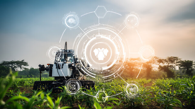 Agricultural robot operating in a field with digital interface overlay showing data analytics and smart farming technology