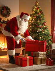 Santa Claus placing gifts near a fireplace
