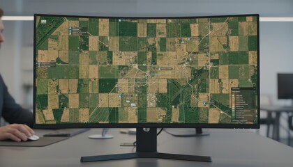 Medium shot of satellite images on a large monitor showcasing detailed crop fields for precise plantation mapping and monitoring.