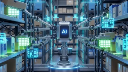 Automated AI robot sorting packages in a smart warehouse storage facility for modern logistics management system technology video - Powered by Adobe