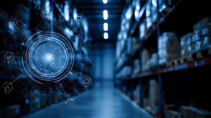 Warehouse interior with digital interface overlay showing network connections and data visualization