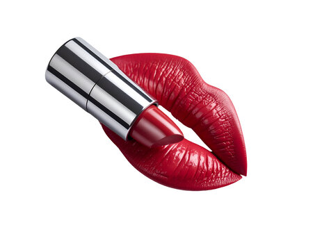 Vibrant red lipstick resting on luscious lips, showcasing beauty and elegance in cosmetic artistry.