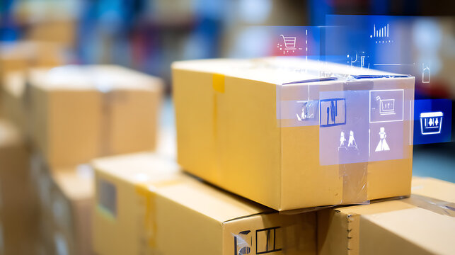 Stacked cardboard boxes in a warehouse with digital overlay displaying logistics and shipping icons - Powered by Adobe