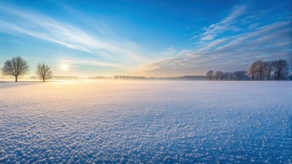 Fototapeta premium Serene winter landscape at sunrise with frosty field bare trees and soft golden light illuminating the sky