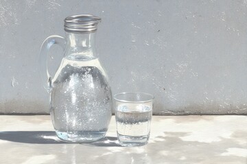 Elegant glass pitcher filled with crystal clear water beside a refreshing glass on a soft textured backdrop capturing the essence of hydration and simplicity in design