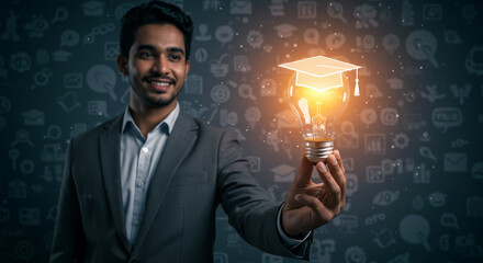 Innovation Through Education – Businessman Holding Glowing Light Bulb with Graduation Cap and Tech Icons