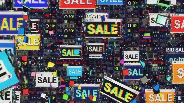 Digital data with sale notification pop ups and abstract geometric shapes for online shopping concept animation
