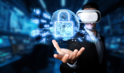 A business professional engages with virtual reality to enhance online security and data privacy. This image captures the intersection of technology and protection in a modern setting. XDMCP