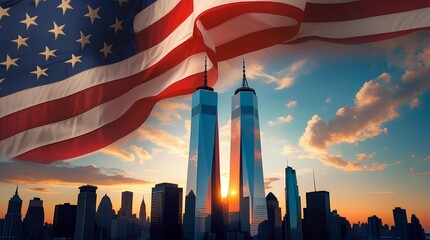 Silhouette of New York City skyline at sunset with the Twin Towers