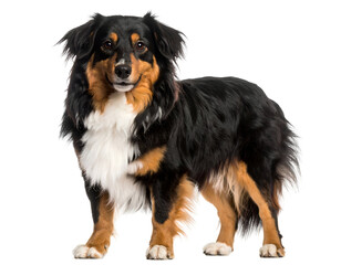 Fototapeta premium A fluffy black and brown dog stands confidently with a friendly expression, showcasing its vibrant fur and playful demeanor.